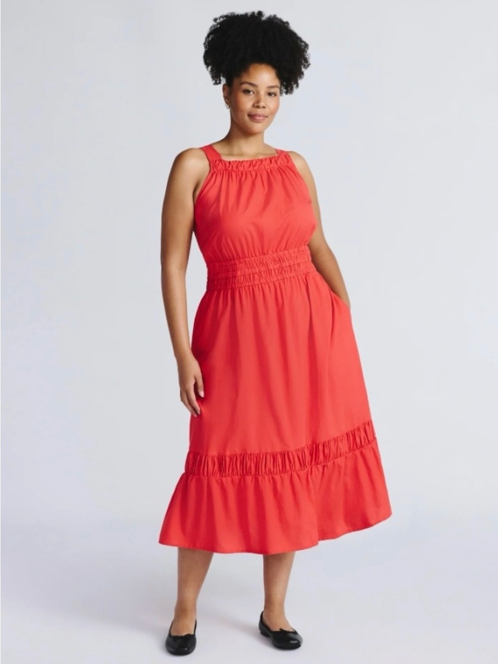 Red Smocked Waist Midi Dress - Women